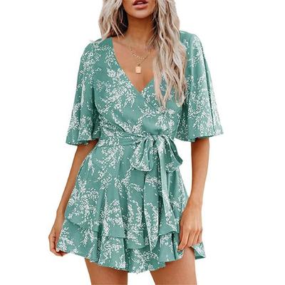 Women's Floral V-neck Flared Sleeve Waist Lace-up Layer Pleated Dress
