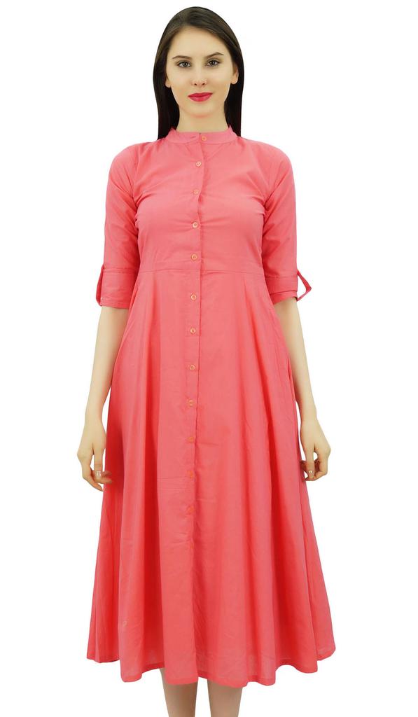 Bimba Women's Cotton Dress Roll Up Sleeves Mandarin Collar Button Down Mid-Calf Shirt