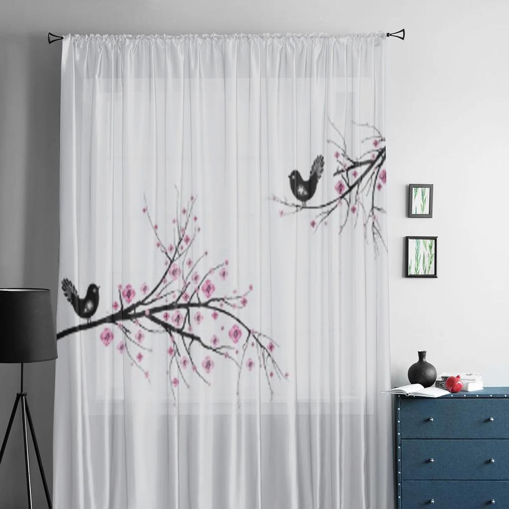 Beautiful Blossom Cherry And Birds Tulle Curtain For Living Room Sheer Valance Curtain For Kitchen Bedroom Window Drapes