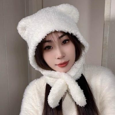 Bear Scarf Hat One Piece Two Piece Knitted Wool Hat for Women In Autumn and Winter Warm Ear Protection Lei Feng Hat Trend