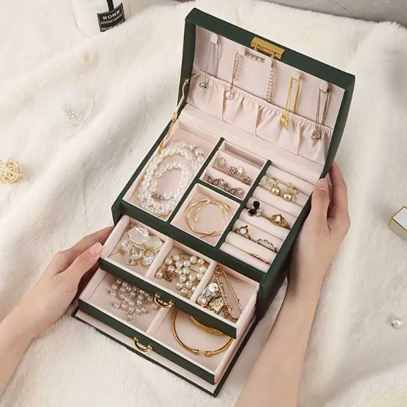 Three Drawer Handheld Jewellery Box Earring Ring Necklace Storage Box PU Leather Jewellery Display Box With Security Key Lock