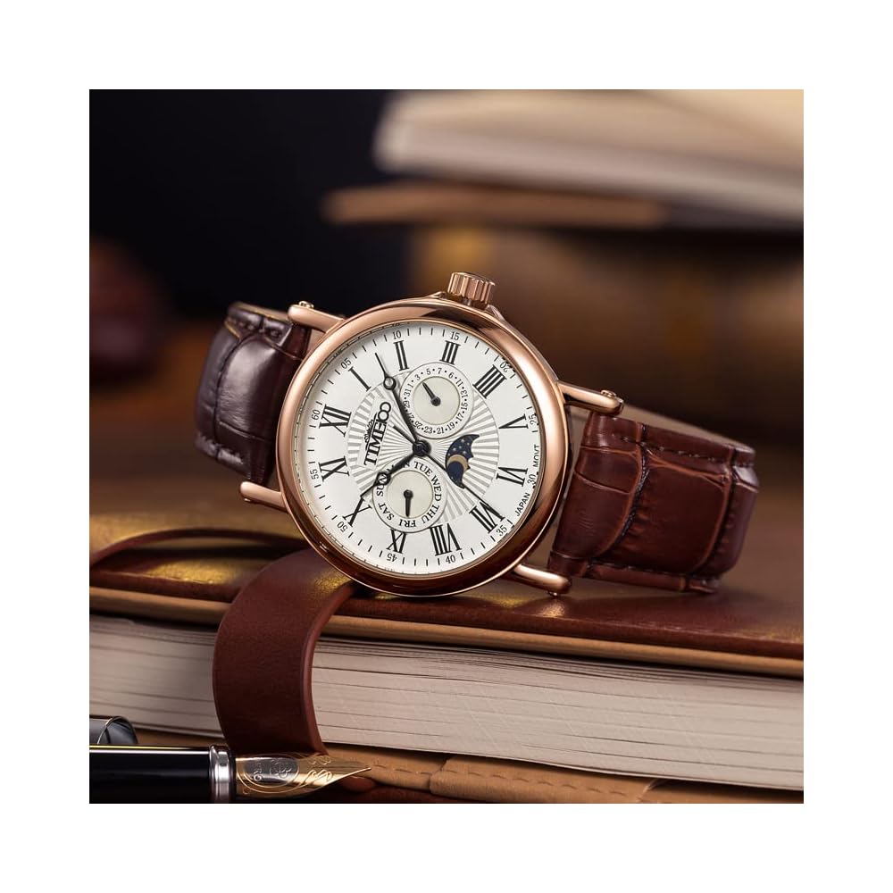 Time100 Multifunction Men's Watch Date Day Display 24-Hour Indicator Japanese Movement Black Leather Strap Rose Gold