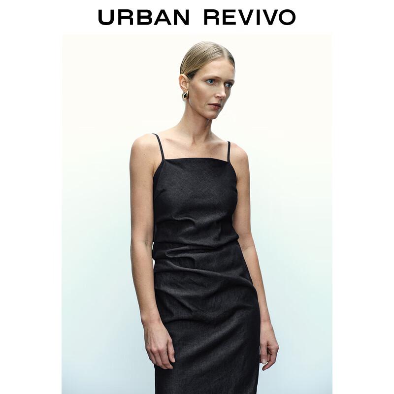 UR 2024 Summer Retro Pleated Denim Strappy Dress