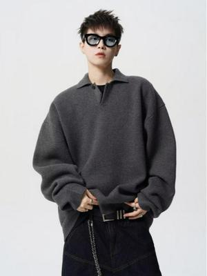 Unisex High-Density Thick Knit Sweater, Old Money Style, Small Lapel, Loose Fit, Polo Collar - Autumn/Winter Collection