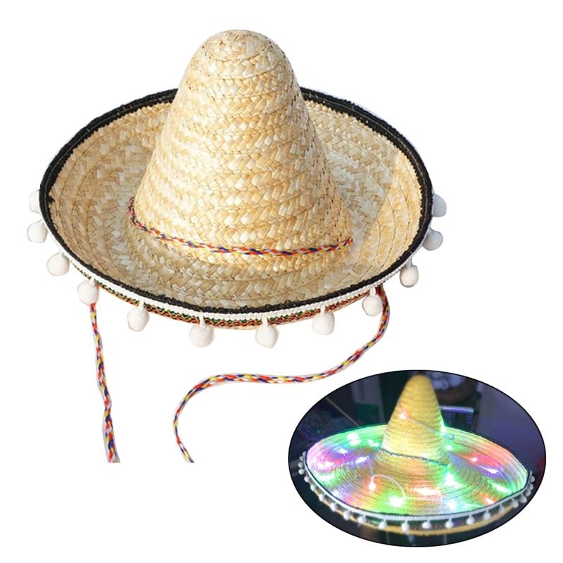 

Luminous Mexico Sombrero Hat Wide Brim Sunproof Straw Hat Photoshoots Props Hat Adult Party Top Hat Carnivals Costume diameter 20cm