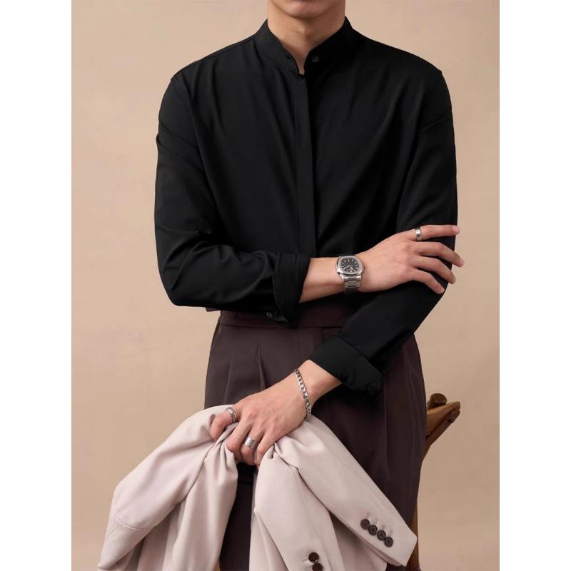 Mens Stand Collar Non Iron Slim Fit Long Sleeve Cool Casual Shirt