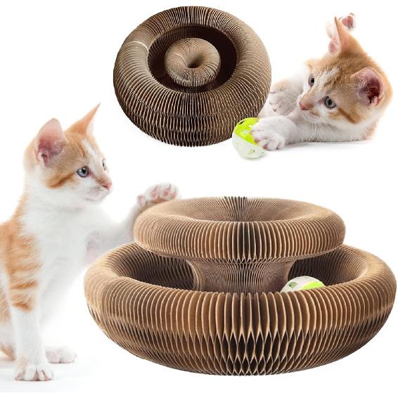 Magic Organ Cat Scratcher Pad with Bell-Ball, Cat Cardboard Lounge Bed, Kitty Kurlz Cat Toy, Cat Accordion Cordain, Foldable Interactive Cat Butler