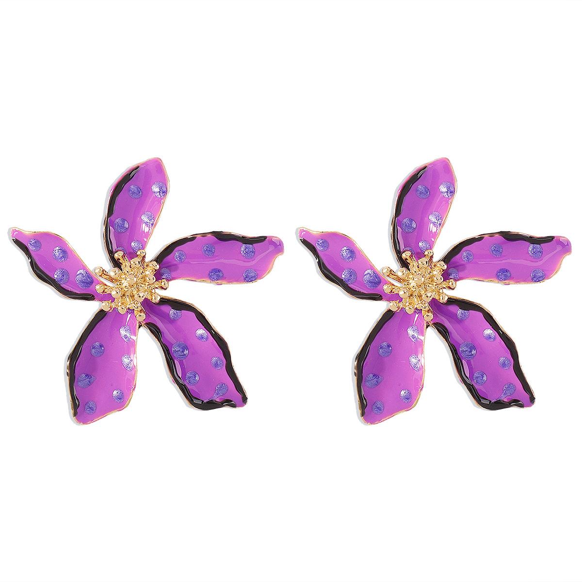 

Vintage Purple Dropping Oil Enamel Big Flower Stud Earrings for Women Exaggerated Wave Dot Metal Earrings Jewelry Gifts