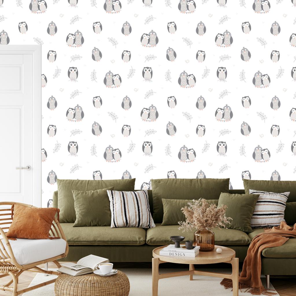 Owls on a light background wallpaper for the living room and bedroom 50x1000