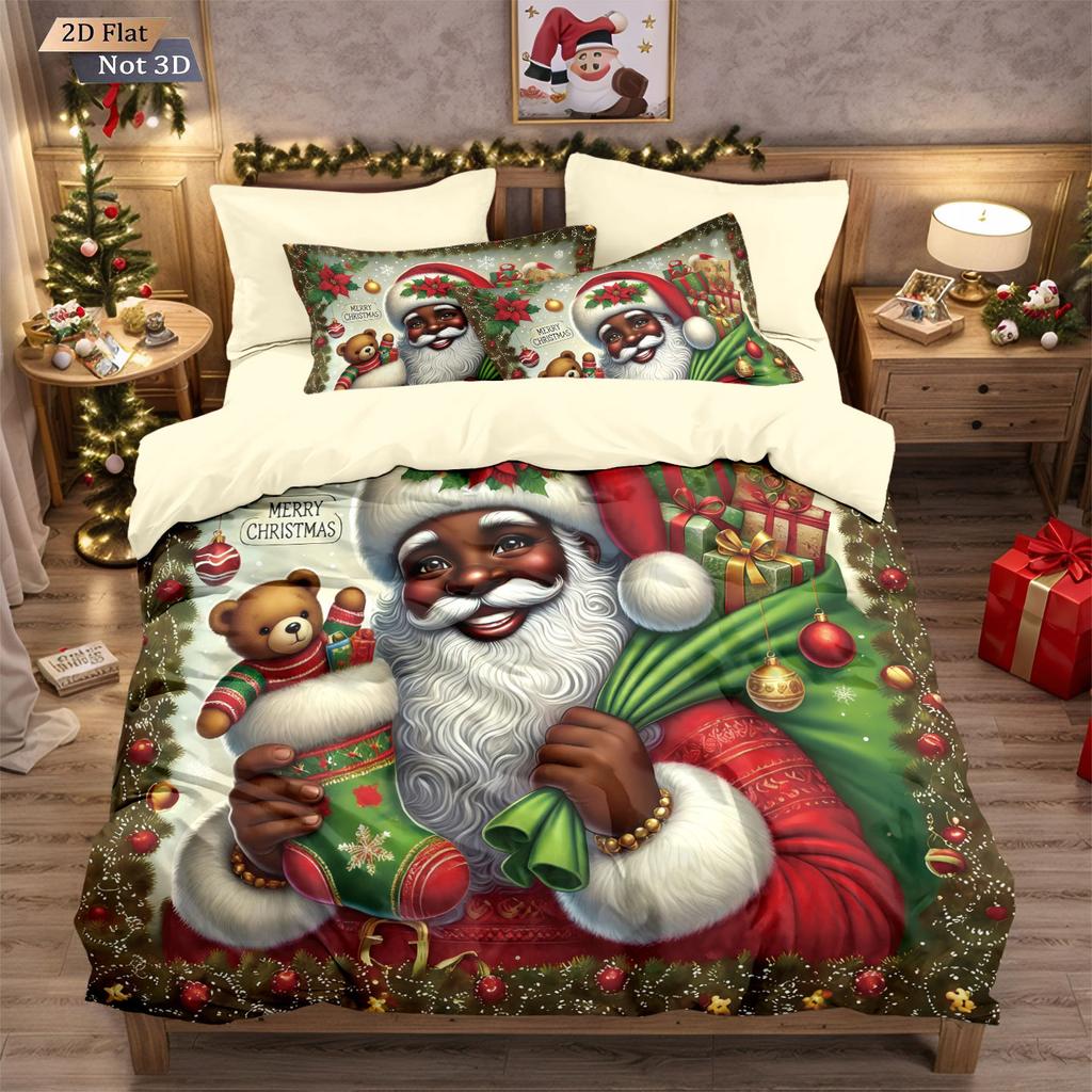 Three-piece Christmas Bedding Set, Brushed Duvet Cover and Pillowcase Set with Santa Claus Digital Print