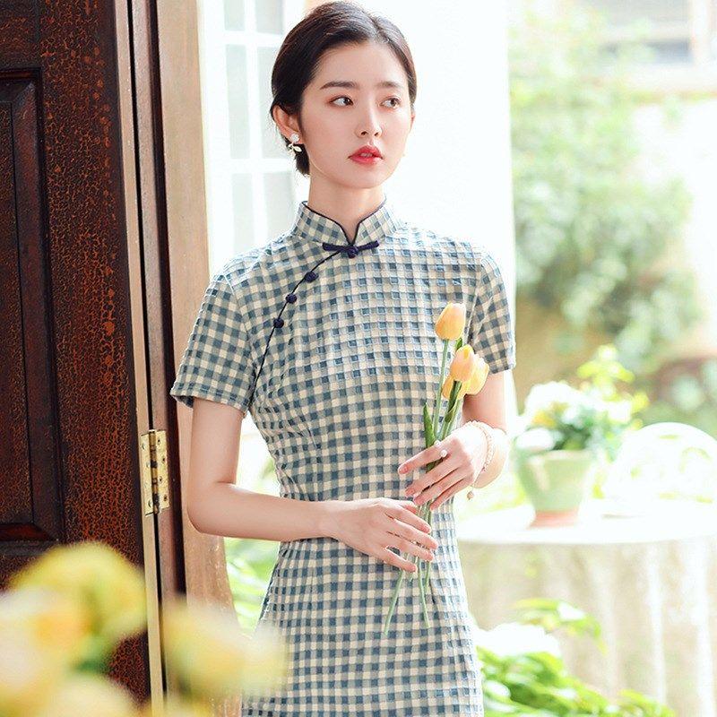 

Spring and Summer Full Midlength Modified Plaid Cotton Cheo 21023-Blue S