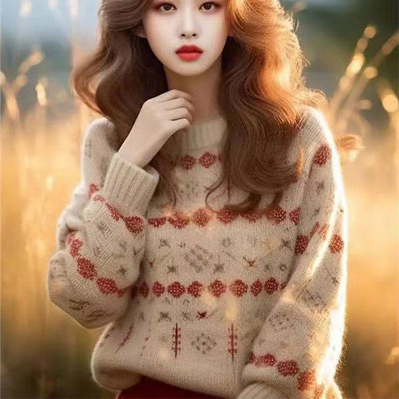 

Женский мягкий жаккардовый свитер с круглым вырезом 2025 – Модный, Свободный, Толстый Французский стиль M (80-125 jin)