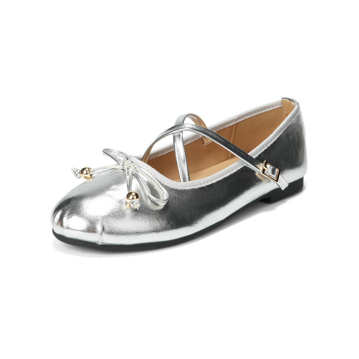 

French round head bow casual versatile Mary Jane shoes cross strap ballet shoes with skirt beautiful flat shoes 34 серебряный