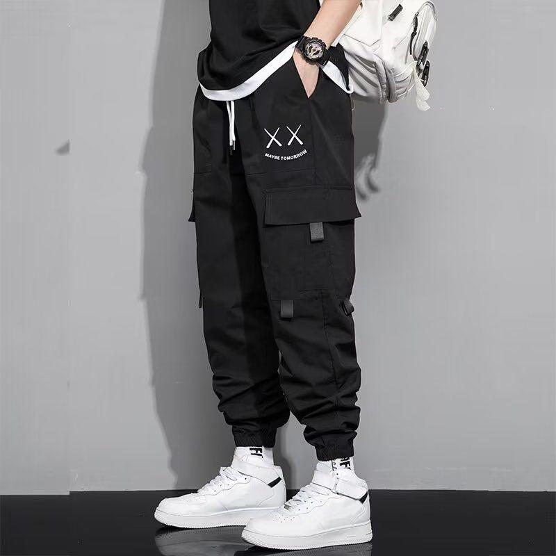 

Fashion Printing Letter Large Pocket Men s Cargo Pants Classic Loose Waist Drawstring Street Casual Male Handsome Trousers L чорний