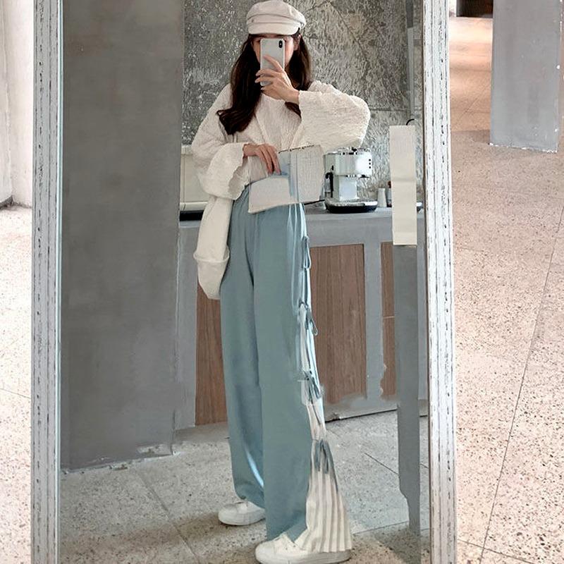 Pantaloni da donna patchwork larghi estivi preppy casual stile coreano pantaloni a gamba larga tutto-fiammifero vita alta adolescenti comodi nuovo design XXL blu