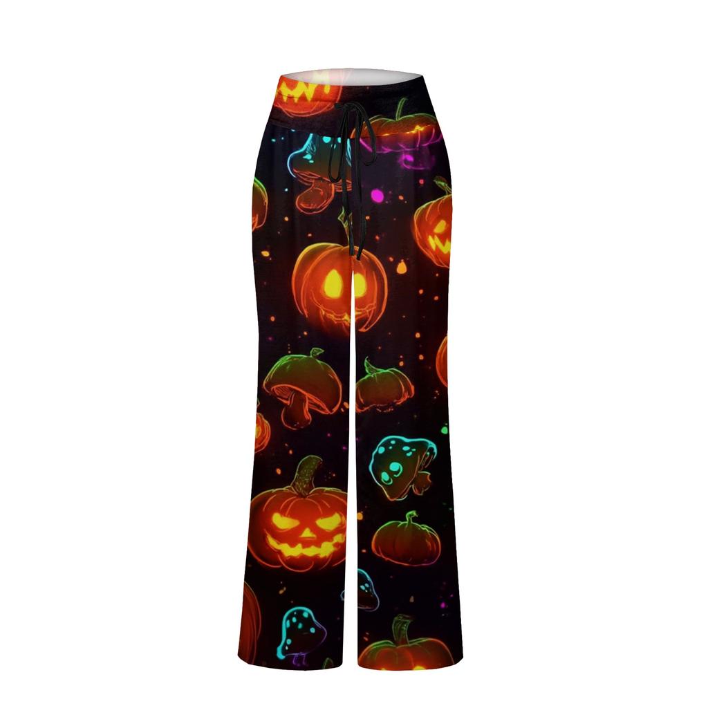 Bequeme Damen-Schlafanzughose mit Karomuster, Halloween-Print, Kordelzug, weiter Beinschnitt für Schlaf und