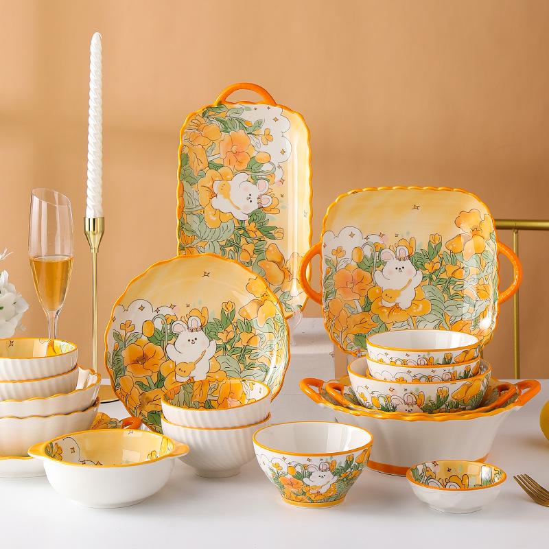 Creative Cartoon Flower Rabbit Ceramic Dishes Tableware Set Housewarming Household Salad Binaural Dishes Dish Combination