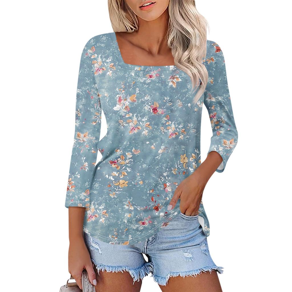 Women's 3/4 Sleeve Square Neck Floral Shirt Casual Loose Tunic Top