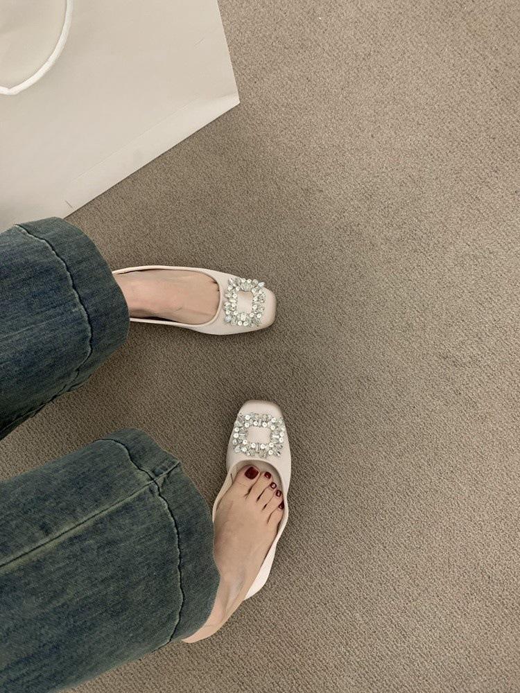 French flat-bottomed high-end rhinestone square buckle satin single shoes for women's spring 2025 new gentle wind evening shoes