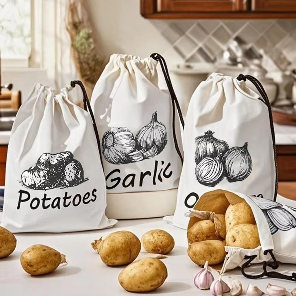 Canvas Drawstring Storage Bag Kitchen Produce Storage Bag Reusable Grocery Tote Bag Vegetable Storage Pouch Non-Woven Fabric Bag