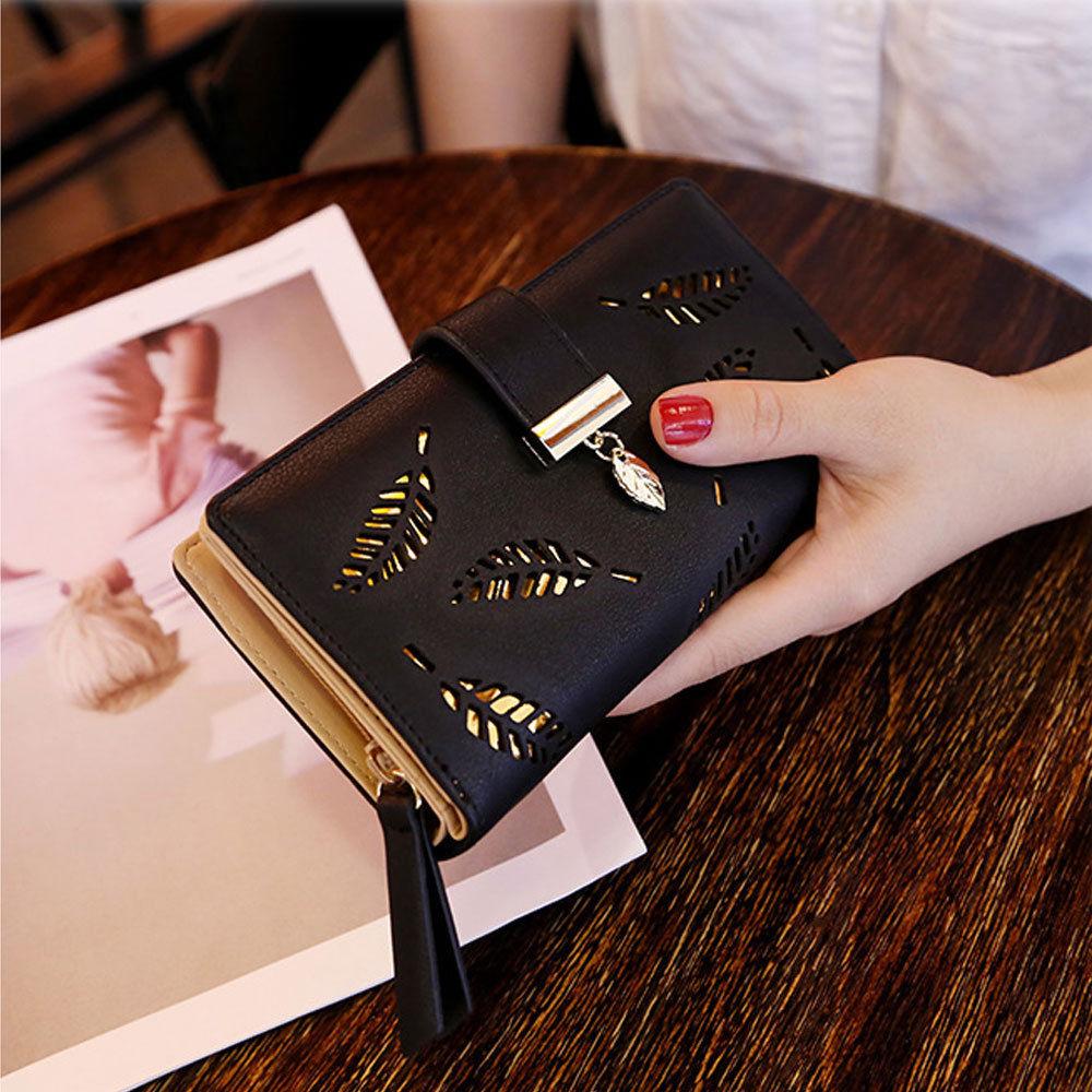 Gold Hollow Leaves Long Wallet, Buckle Decor Foldable Handbag, Women'S PU Leather Clutch Purse
