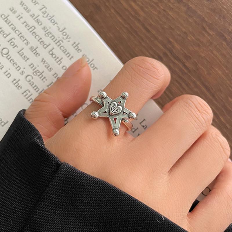 Vintage Herz Pentagramm Offener Ring für Damen Süß Kühl Alt Gemacht Hohl Liebesstern Persönlichkeit Fingerzubehör Mode Schmuck