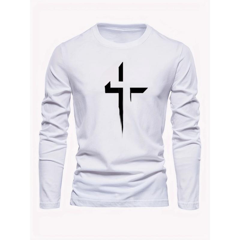Pánské volné pohodlné ležérní sportovní tričko s dlouhým rukávem a kulatým výstřihem, nadměrné velikosti a s křížovým potiskem
