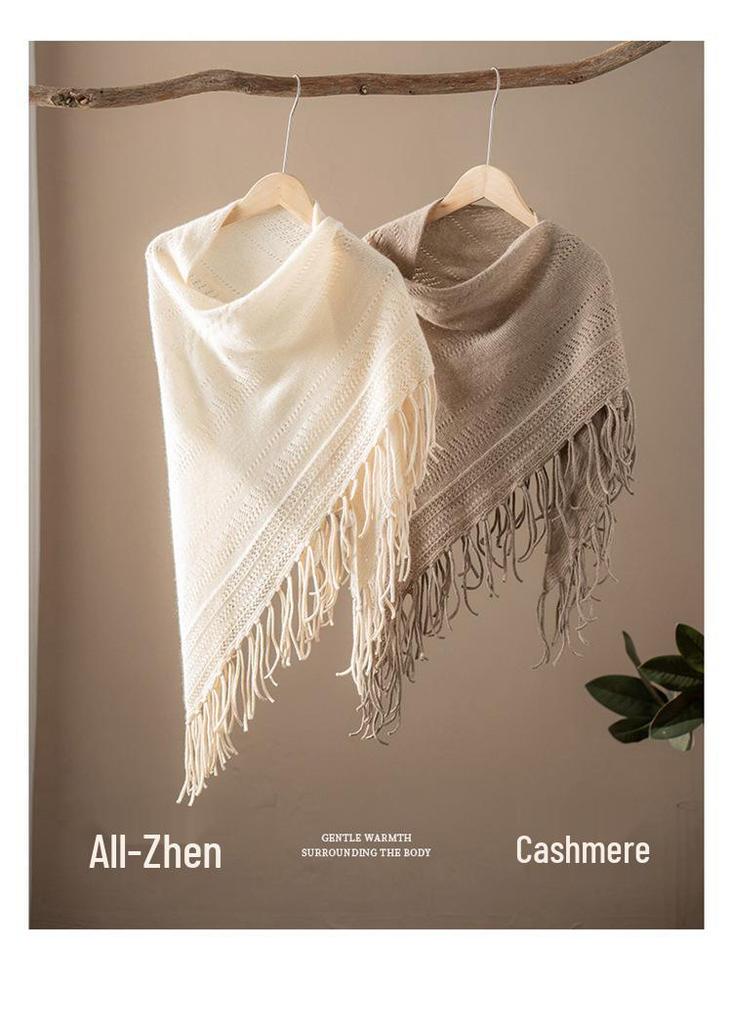 100% Cashmere Hollow Triangle Shawl Scarf - Stylish, Versatile, Warm with Tassels