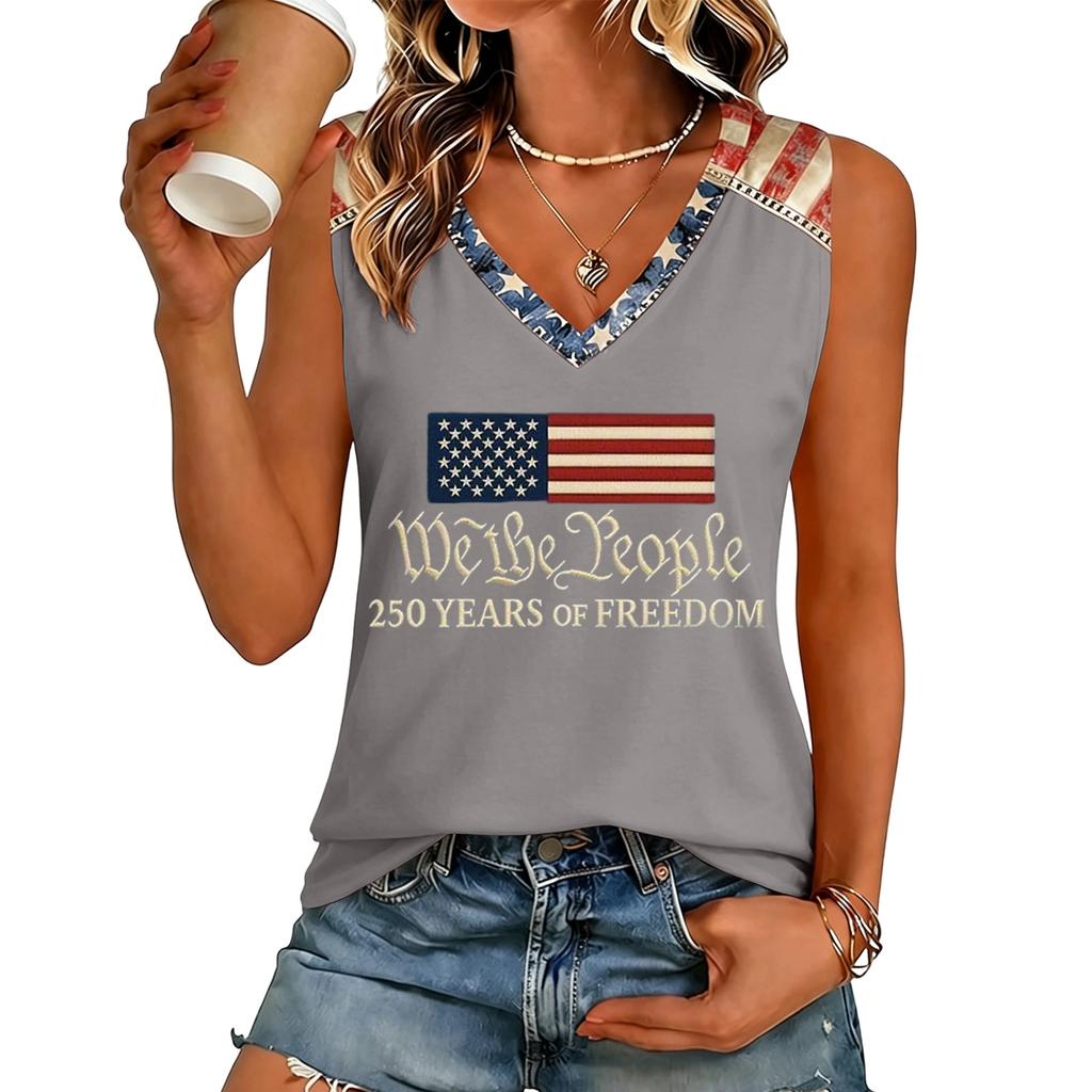 Women V Neck Casual Sleeveless Tank Top 250 Years Of Freedom Letter Print Lightweight Summer Shirt Sleeveless Blouse