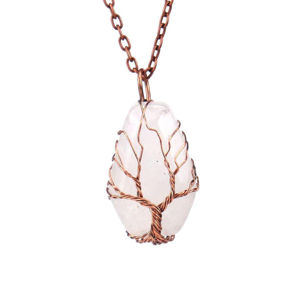 Handmade Ancient Red Copper Wound Tree Of Life Natural Crystal Stone Octahedron Necklace Fortune Tree Necklace N539