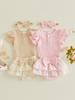 Adorable Baby Girl Summer Outfit Stylish Ribbed Short Sleeve Romper with Plaid Skort Headband 3Pcs Set for Your Little