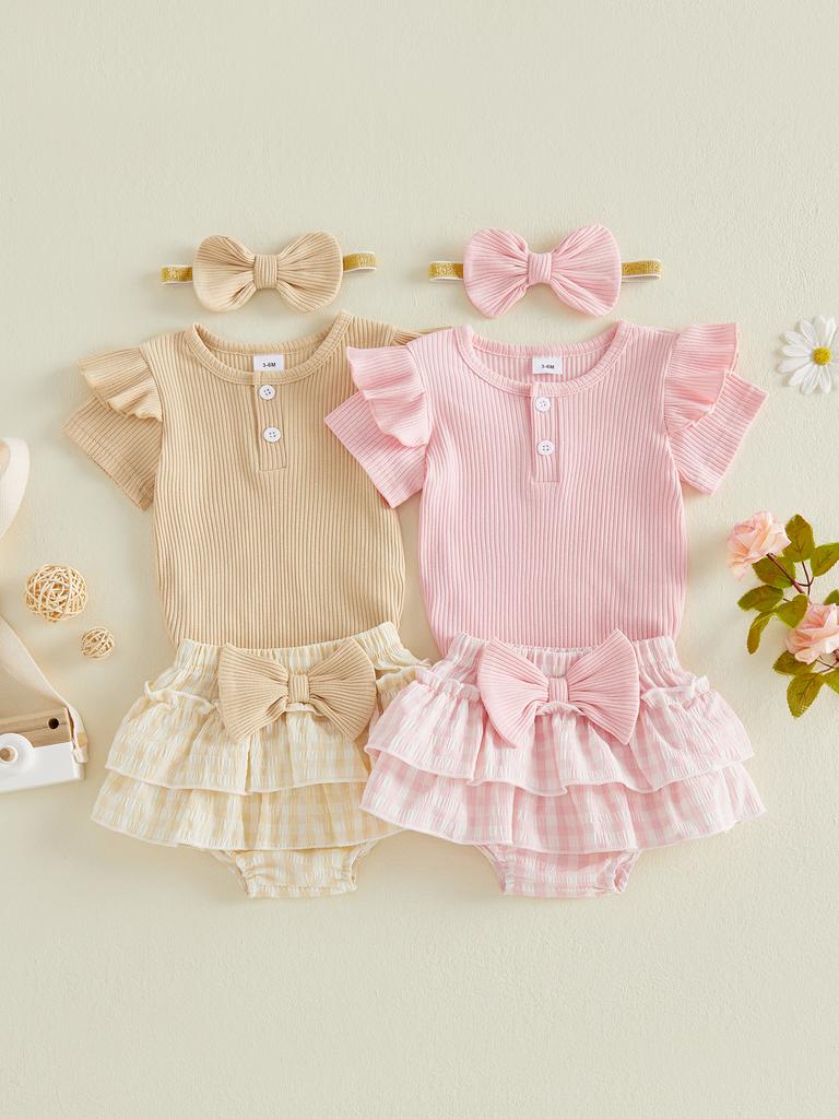 Adorable Baby Girl Summer Outfit Stylish Ribbed Short Sleeve Romper with Plaid Skort Headband 3Pcs Set for Your Little