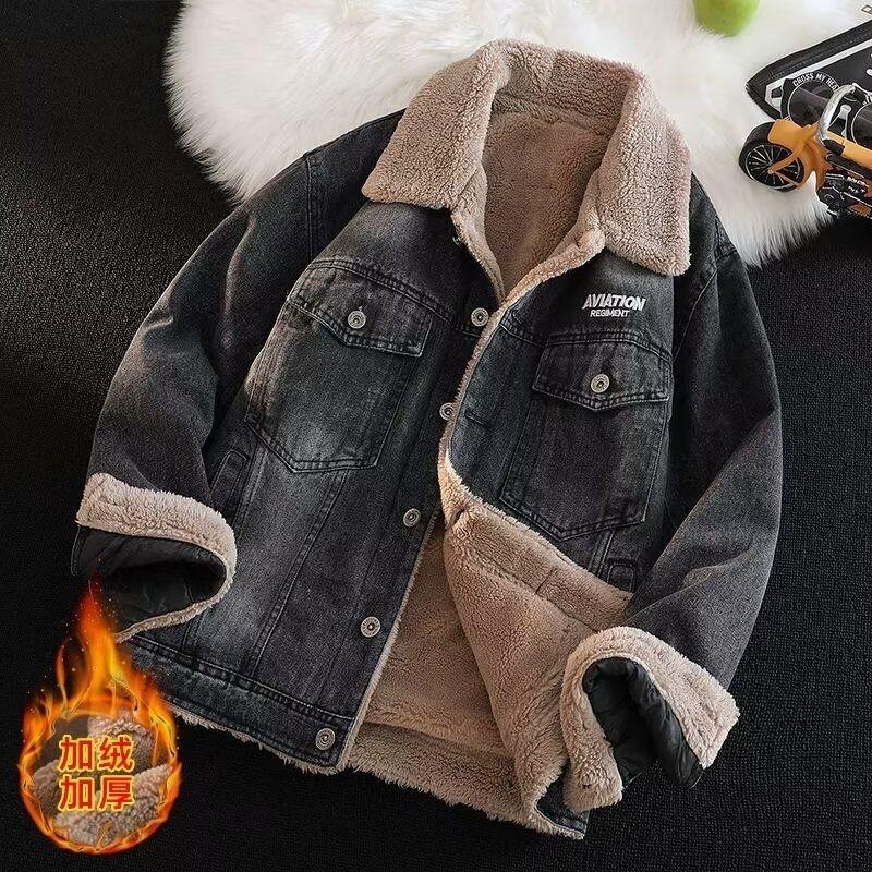Autumn and Winter New Fashion Solid Color American Retro Thickened Warm Denim Jacket Men's Casual Loose Sports Large Size Coat