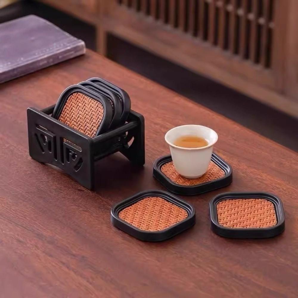 6pcs Chinese Style Heat Insulation Mat Anti-scalding Tea Cup Holder Rattan Tea Coaster Set Home Use