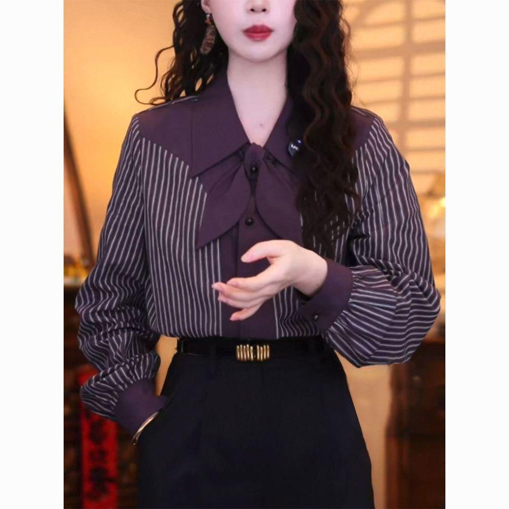 Hong Kong Retro Striped Women's Long-Sleeve Shirt - 2025 Autumn Lightweight High-End Stylish Casual Top