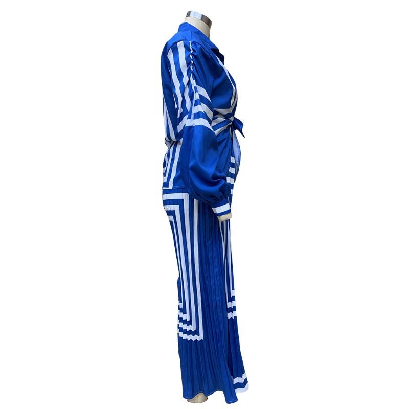 Dámská móda pro jaro a podzim ve větších velikostech, tištěná pruhovaná košile s dlouhým rukávem, tlakově plisované rovné kalhoty se širokými nohavicemi, oblek