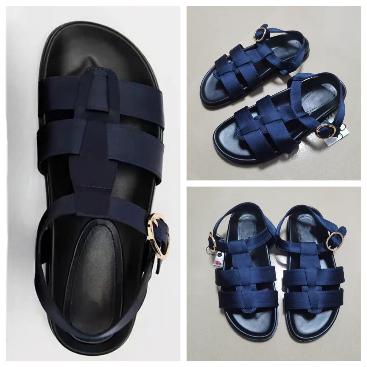

TRAF Women Fashion Roman Flat Sandals Navy Blue Round Toe Peep Toe Thick Flat Sandals 2024 Summer Casual Beach Sandals Shoes 36