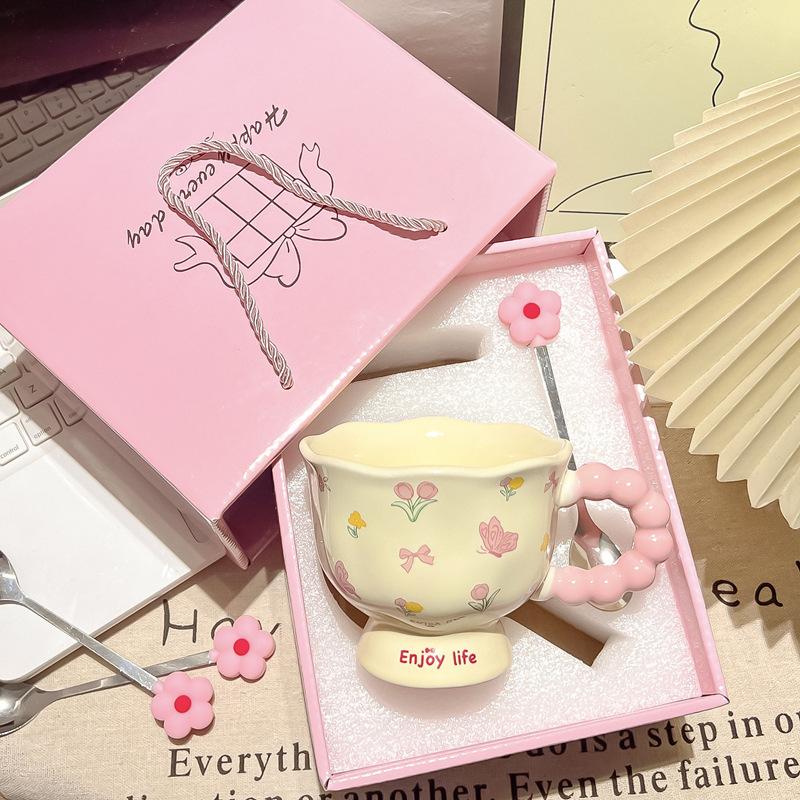 Girls Birthday Gift Ceramic Coffee Mug Creative Flower Design High Value Household Cup