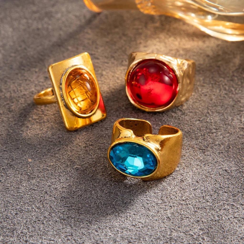 Salircon Luxury Classic Colorful Acrylic Rhinestone Rings Women Vintage Gold Color Metal Knuckle Chic Rings Couple Y2K Jewelry