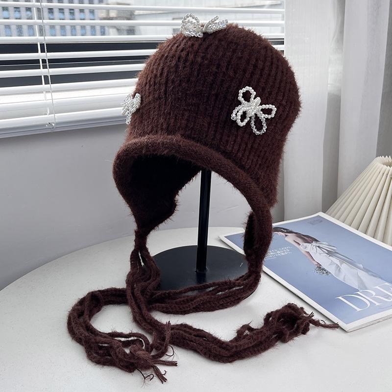 Source Spot Pearl Bow Acrylic Knitted Ear Cap Women's Autumn and Winter Daily Versatile Warm Wool Cap