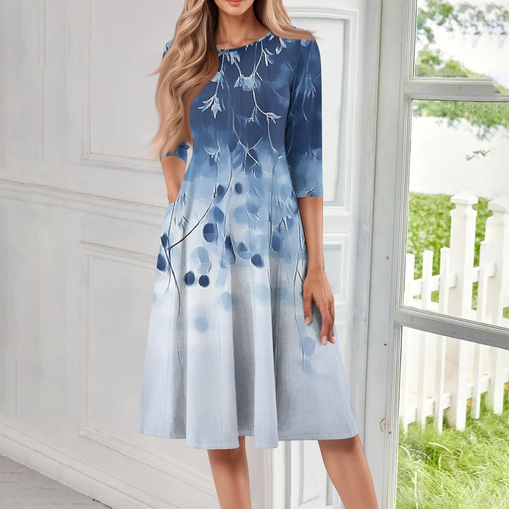 Women's Casual Fashion Round Neck Three Quarter Sleeve Print Midi Dress