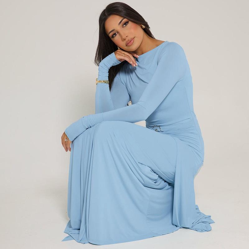 2025 Autumn/Winter European & American Style Solid Color Dress with Decorative Ring Buckle and Tie-Up Design