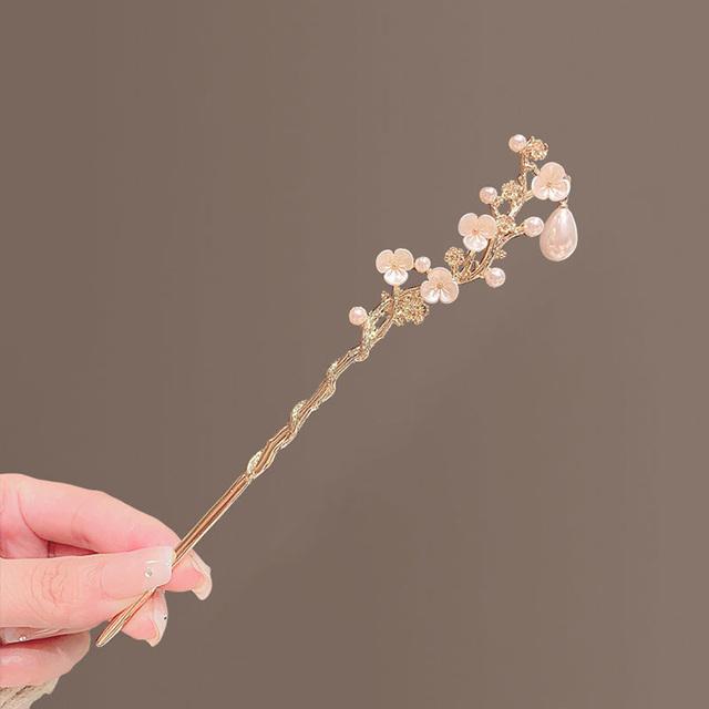 Classic Hair Stick Peach-Blossomhair Chopsticks Gold Plated Prong Updo Chignon Hairpin For Women Chinese Hanfu Hair Accessories
