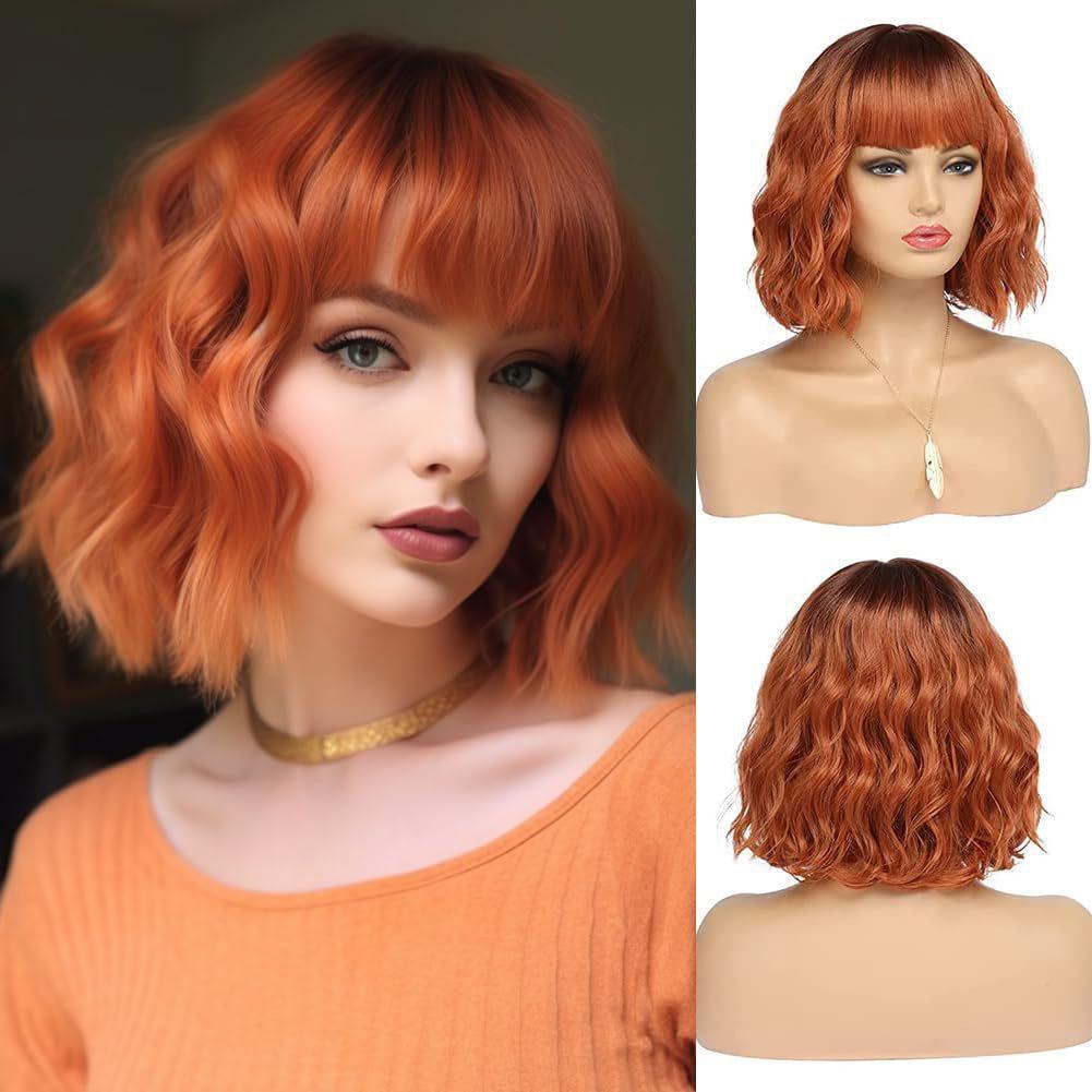 Short Wavy Wig with Bangs for Women Synthetic Curly French Bob WigsNatural Looking Daily Party Halloween