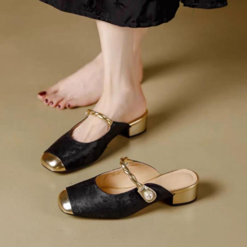 Fashion Spring and Autumn New Brand Square Toe Women's Thick Heel Slippers Fashionable Women's Elegant Low Heel Slip-On Sandals