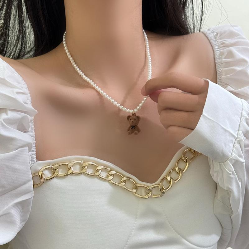 Creative Bear Pendant Choker Necklace for Men Hip Hop Punk Imitation-Pearl Beads Chain Male Y2K Luxury Jewelry Accessories