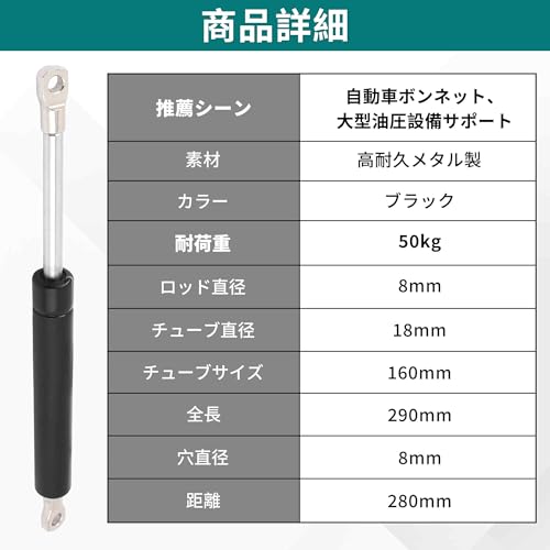 ARISELIFT Gas Spring, Gas Damper, Damper for Furniture Lift Support, Car Hood Damper, 280mm, 50kg Load Capacity, Replacement/Repair Support Damper, Ho