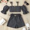 Girls' Fashion Set, Summer Children's Casual Strappy Top, High-waisted Shorts with Belt