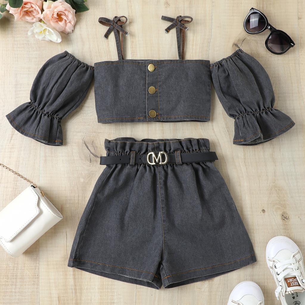 Girls' Fashion Set, Summer Children's Casual Strappy Top, High-waisted Shorts with Belt