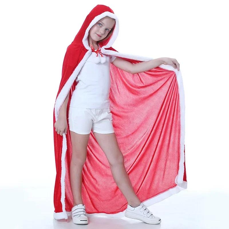 3PCS Christmas Shawl Cape Hooded Santa Claus Costume Christmas Performance Costume Red with Hat Cosplay Costume Winter Warm Coat